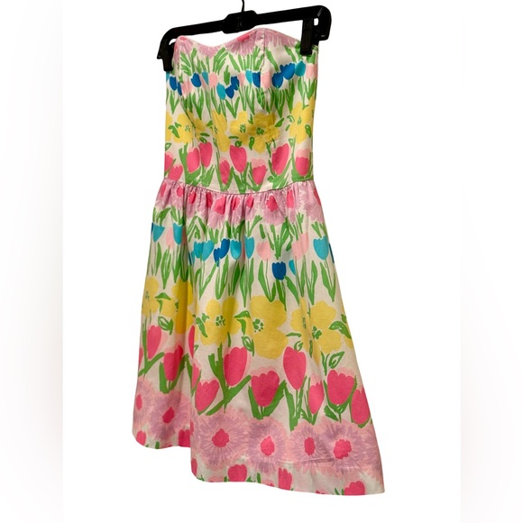 Lilly Pulitzer EUC Size 0 Pretty Yellow Pink Green Strapless Mini Sundress (616) - Picture 4 of 13
